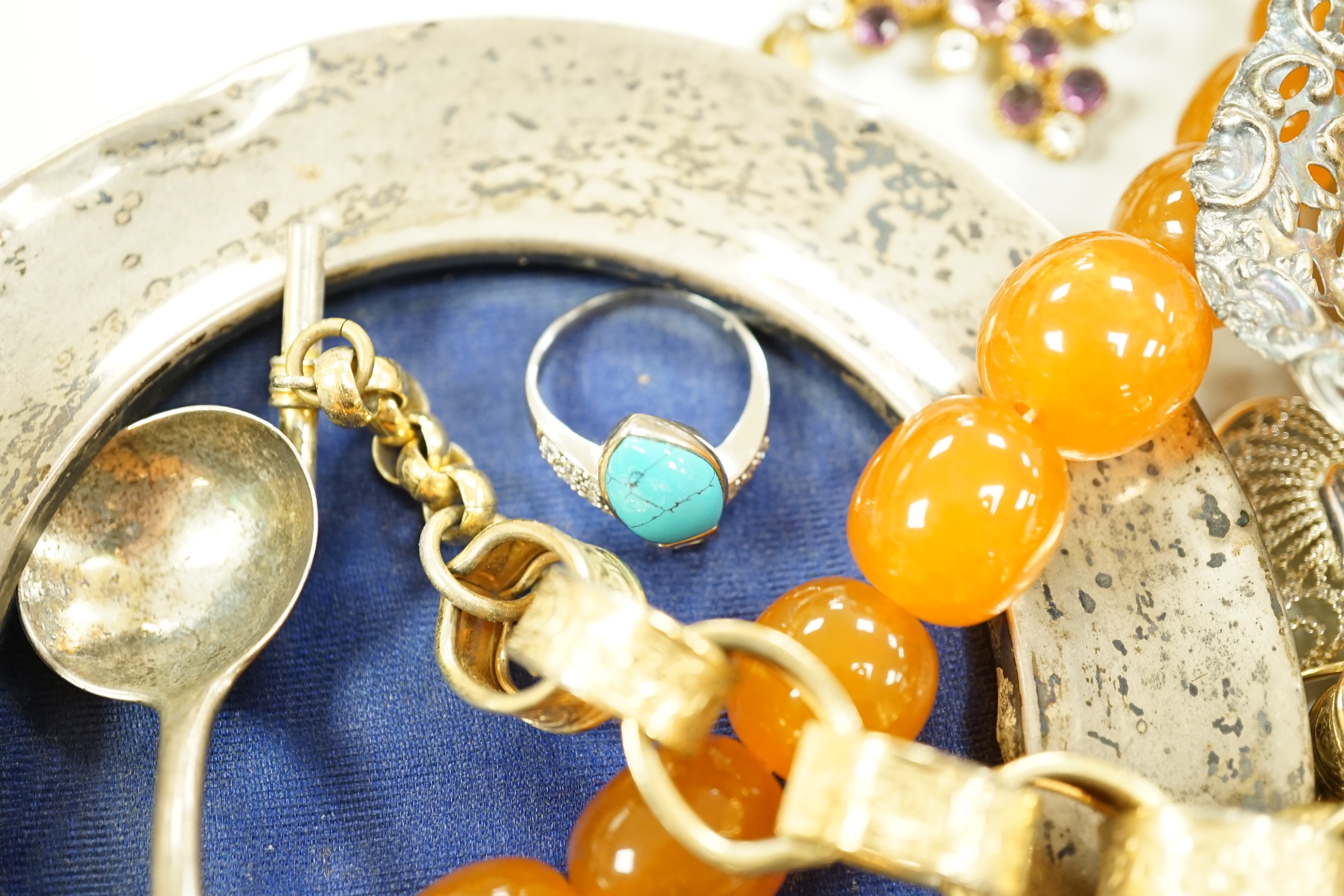 A group of assorted costume jewellery and other items including enamelled vinaigrette, amber pendant, Victorian pendant, Victorian albertina, silver vesta case, photograph frame, bonbon dish etc.